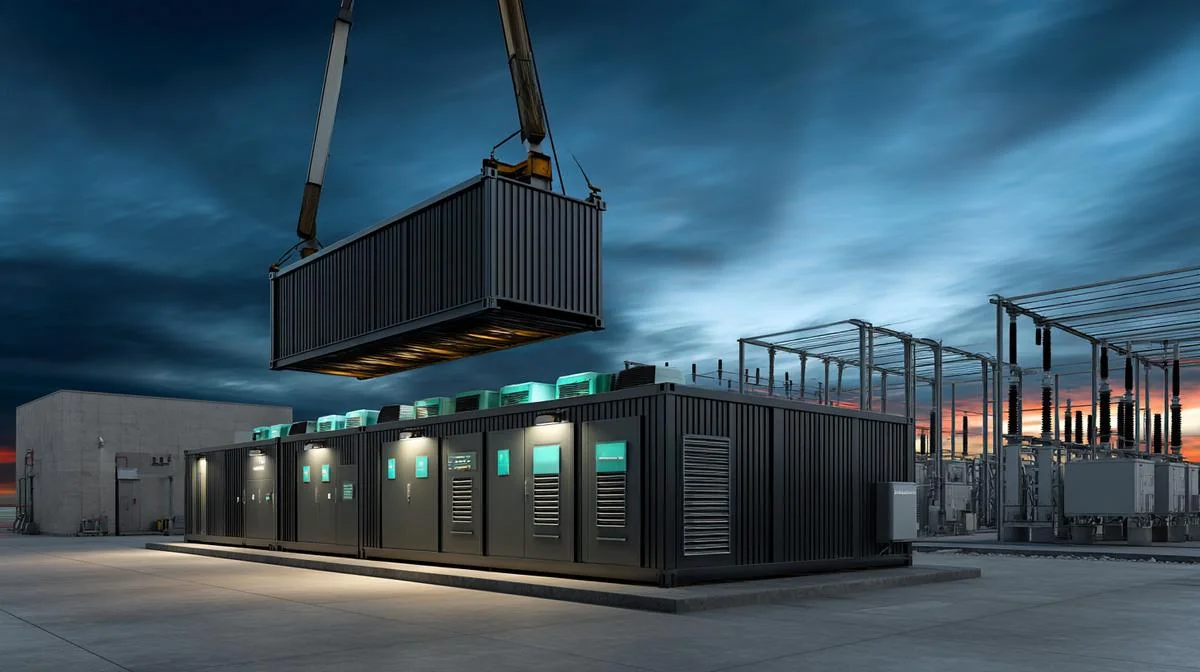 Crane lowering an AI Factory container beside an electrical substation at dusk