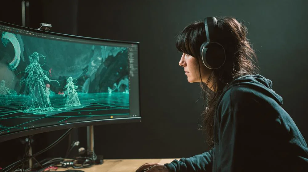 Game developer with headphones working on AI-driven characters on a curved monitor