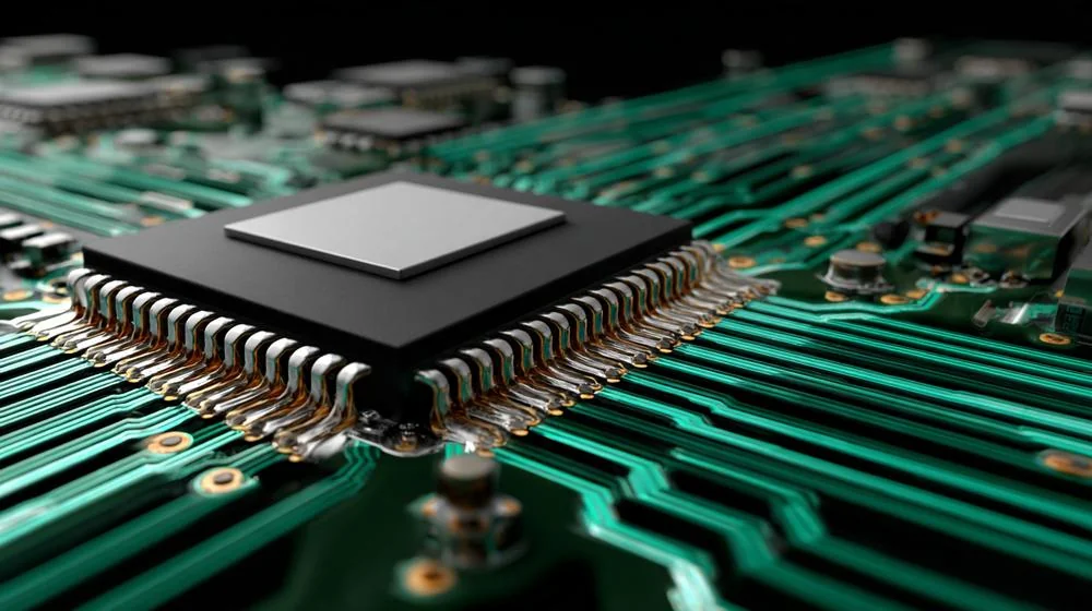Close-up of a processor on a circuit board with green traces