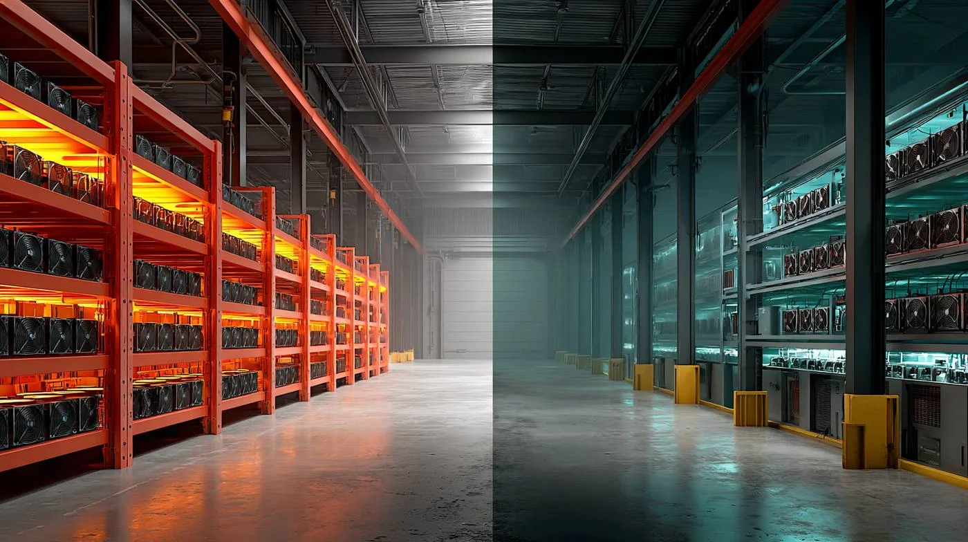 Split view of a warehouse: an energized industrial site on the left, converted AI compute on the right